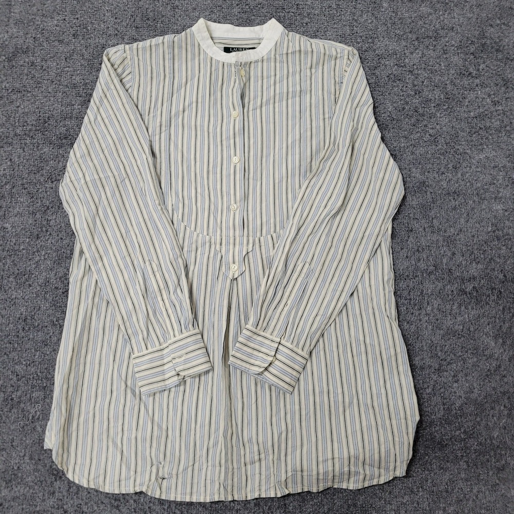 Lauren Ralph Lauren Shirt Womens Size M Blue Striped Band Collar Cotton Tunic